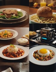 A collage of culinary dishes with a twist, showcasing a robot preparing an egg on a retro film camera, alongside various plates of food