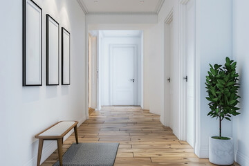 A hallway with a bench and a potted plant