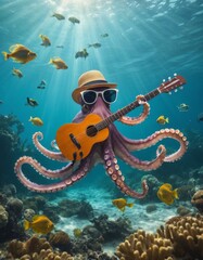 A whimsical octopus with a straw hat and sunglasses serenades the oceanic audience, guitar in tentacles, among tropical fish and coral reefs.