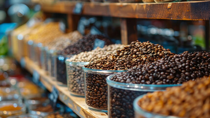 Coffee beans on display in a market.