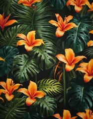 Vibrant tropical pattern featuring orange hibiscus flowers amid lush monstera leaves on a dark background, perfect for design use.