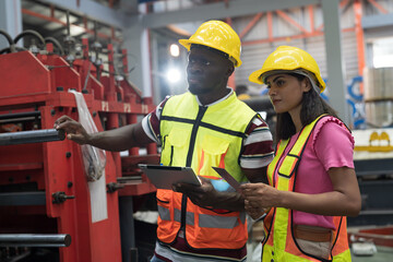 Manufacturing industrial concept. Male and female engineer workers working at manufacturing production lines in factory during manufacturing process, wearing safety uniform and use digital tablet