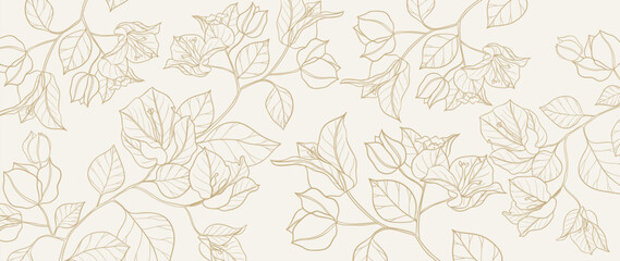 Fototapeta premium Luxury golden leaf line art background vector. Natural botanical elegant flower with gold line art. Design illustration for decoration, wall decor, wallpaper, cover, banner, poster, card.