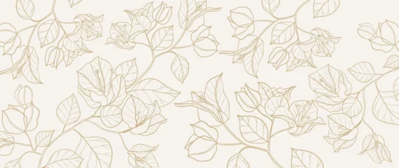 Gardinen Luxury golden leaf line art background vector. Natural botanical elegant flower with gold line art. Design illustration for decoration, wall decor, wallpaper, cover, banner, poster, card. © TWINS DESIGN STUDIO