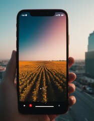 A person's hand holds up a smartphone, displaying an image of a vibrant sunset over a serene agricultural field, juxtaposing technology with nature.