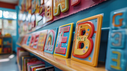 Alphabet blocks on a shelf in a classroom
