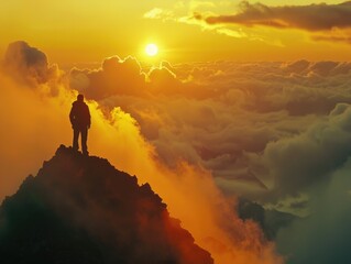A man stands on a mountain top, looking out at the sunset. The sky is filled with clouds, and the sun is setting in the distance. The scene is peaceful and serene, with the man alone on the mountain