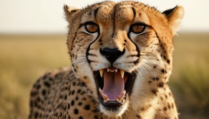 Close-up of a wild cheetah snarling, showcasing its fierce expression and powerful fangs in its natural habitat.