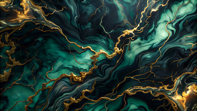 Green and gold liquid ripple pattern, fluid waves background. Generative ai