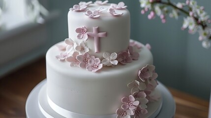 Sweet and simple baptism cake decorated with fondant flowers and a delicate cross, symbolizing the religious significance of the occasion.