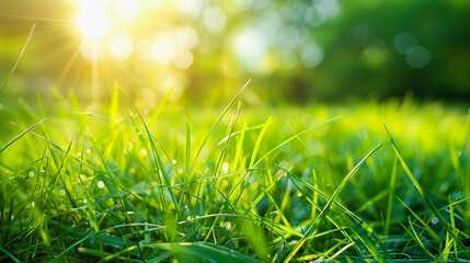 Obraz premium Close up portrait of grass field on summer with beautiful rays of sunshine, 