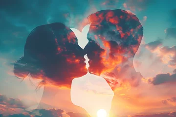 Fotobehang Passionate Embrace Under Fiery Sunset Sky,Silhouetted Lovers in Intimate Double Exposure © Mickey