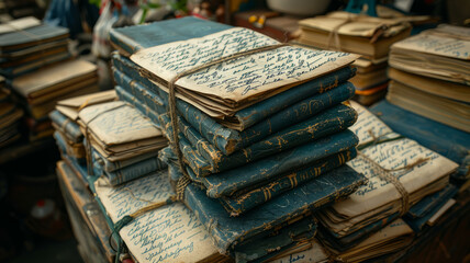 Stacks of old, worn books. - obrazy, fototapety, plakaty