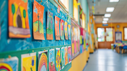 A colorful display of children's artwork in a school hallway.