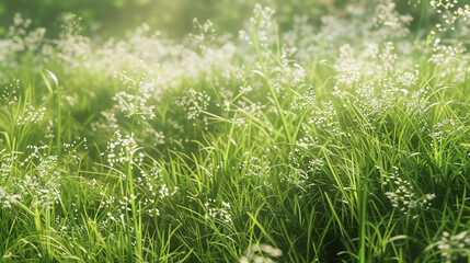 Portrait of summer grass field, wild plants growing and blooming with warm sun light