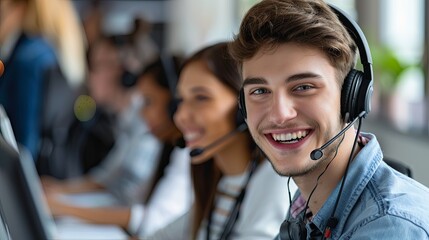 Happy young male customer support executive working in office. Young friendly operator man agent with headsets working in a call centre. man using a headset and computer in a modern office