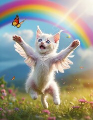 A joyful white kitten leaps in the air, surrounded by butterflies and a luminous rainbow, evoking feelings of playfulness and freedom.