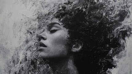 Artistic monochrome painting of a woman's profile, her features merging with dynamic water-like textures, evoking a dreamlike state of mind