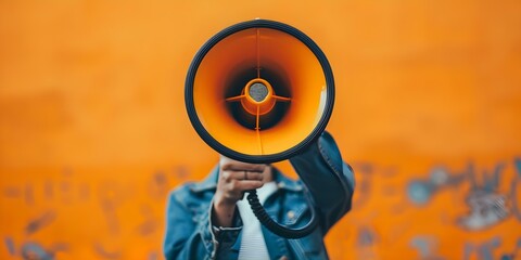 Hand holding megaphone against orange backdrop symbolizing urgency and impact of marketing messages and sales promotions. Concept Marketing Strategies, Sales Promotions, Impactful Messages