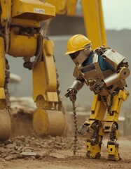 A diligent robot clad in a safety helmet toils away at a construction site, its mechanical body adeptly handling a drill amidst heavy machinery