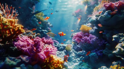 A colorful coral reef with a fish swimming in the middle. The fish is orange and white