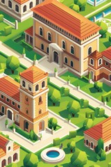 A cityscape with a large building in the center and a small building on the right. The buildings are all brown and have a lot of windows