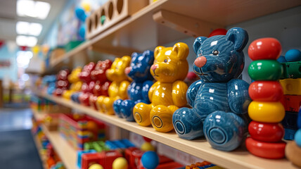 Toy bears on preschool shelves.
