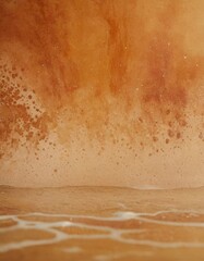 Close-up of a watercolor texture resembling a sandy beach with the foamy edges of waves washing ashore.