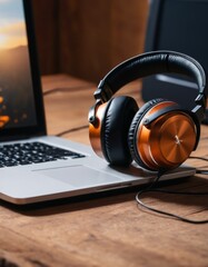 Cozy image of high-end headphones resting on a laptop keyboard, with warm ambient lighting creating an inviting atmosphere.