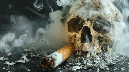 Man refusing cigarettes concept for quitting smoking and healthy lifestyle dark background. or No smoking campaign Concept. skull symbol risk of smoking isolated on black background. - obrazy, fototapety, plakaty