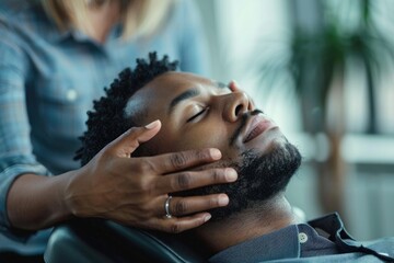 Bearded man with a relaxed expression receiving a soothing facial massage treatment at an upscale spa, eyes closed in peaceful serenity. - obrazy, fototapety, plakaty