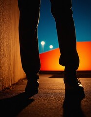 The silhouette of a person walking at sunset, with long shadows and a vibrant orange backdrop, evoking a feeling of solitude and contemplation.