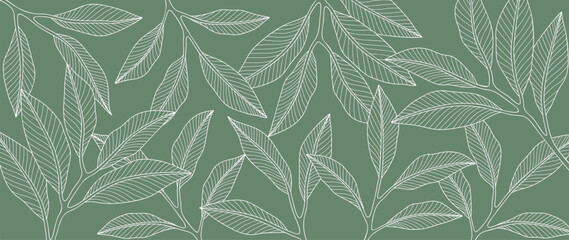 Abstract foliage line art vector background. Leaf wallpaper of tropical leaves, leaf branch, plants in hand drawn pattern. Botanical jungle illustrated for banner, prints, decoration, fabric.