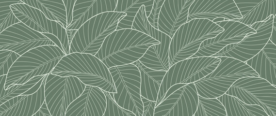 Fototapeta premium Abstract foliage line art vector background. Leaf wallpaper of tropical leaves, leaf branch, plants in hand drawn pattern. Botanical jungle illustrated for banner, prints, decoration, fabric.