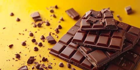 Chocolate bars with some pieces, yellow background