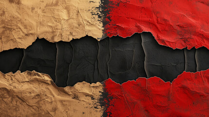 A bold red tear reveals a dark surface in an artistic composition.