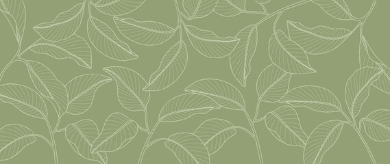 Fototapeta premium Abstract foliage line art vector background. Leaf wallpaper of tropical leaves, leaf branch, plants in hand drawn pattern. Botanical jungle illustrated for banner, prints, decoration, fabric.