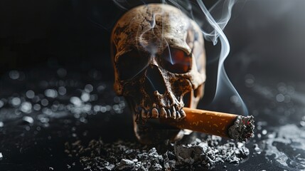 Man refusing cigarettes concept for quitting smoking and healthy lifestyle dark background. or No smoking campaign Concept. skull symbol risk of smoking isolated on black background. - obrazy, fototapety, plakaty