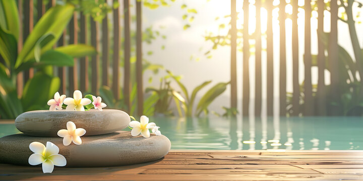 Empty stone surface to place beauty or cosmetic product, spa concept in the background