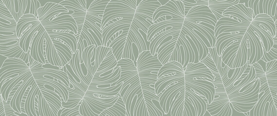 Naklejka premium Abstract foliage line art vector background. Leaf wallpaper of tropical leaves, leaf branch, monstera, plant in hand drawn pattern. Botanical jungle illustrated for banner, prints, decoration, fabric.