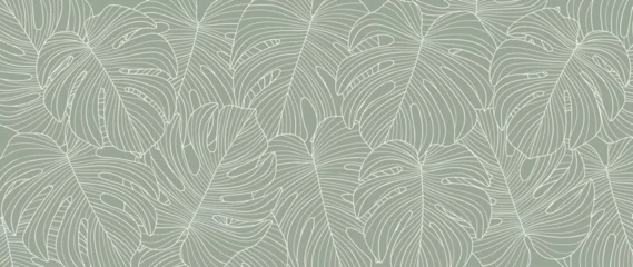 Fototapeten Abstract foliage line art vector background. Leaf wallpaper of tropical leaves, leaf branch, monstera, plant in hand drawn pattern. Botanical jungle illustrated for banner, prints, decoration, fabric. © TWINS DESIGN STUDIO