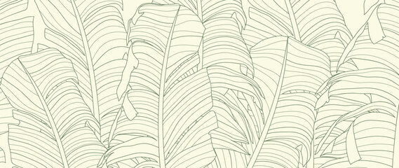 Abstract foliage line art vector background. Leaf wallpaper of tropical leaves, branch, banana leaf, plant in hand drawn pattern. Botanical jungle illustrated for banner, prints, decoration, fabric. - obrazy, fototapety, plakaty