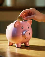 Close-up of a hand placing a coin into a pink piggybank, symbolizing savings and financial planning