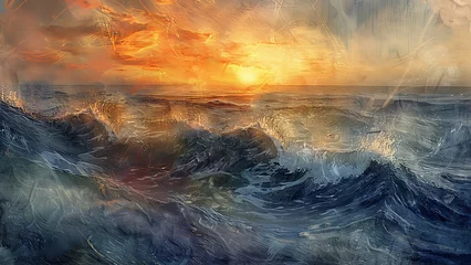 Papier Peint photo Cappuccino Sunset Seascape Oil Painting