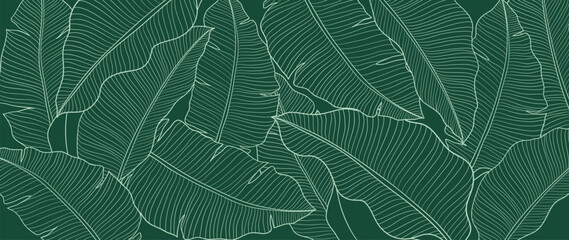 Abstract foliage line art vector background. Leaf wallpaper of tropical leaves, branch, banana leaf, plant in hand drawn pattern. Botanical jungle illustrated for banner, prints, decoration, fabric. - obrazy, fototapety, plakaty