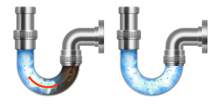 Realistic drain pipe clogged with mud, isolated 3d set. Sink pipe with liquid cleaning detergent effect.Advertising template for drain cleaner with powerful chemical agent cleaning dirty water pipe.