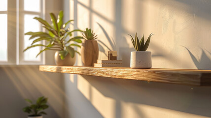 Indoor shelf with potted plants in sunlight.