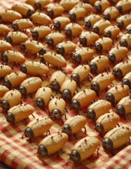 A whimsical array of edible ants crafted from pastry, artfully arranged on a classic red and white checkered cloth, mimicking a picnic scene.