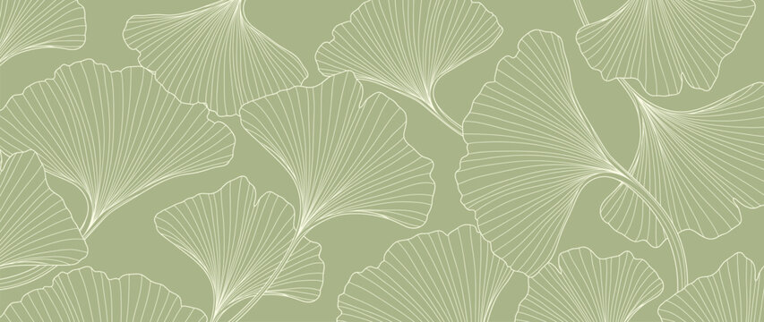 Abstract foliage line art vector background. Leaf wallpaper of tropical leaves, leaf branch, ginkgo, plant in hand drawn pattern. Botanical jungle illustrated for banner, prints, decoration, fabric.