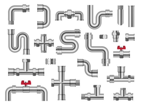  Realistic Metal pipeline. industrial conduit with connections and valves. Vector 3D Pipe construction kit. Vector engineering plumbing system
